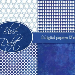 Blue Delft digital scrapbooking papers with blue watercolor flower patterns image 3