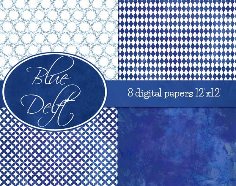 Blue Delft digital scrapbooking papers with blue watercolor flower patterns image 3