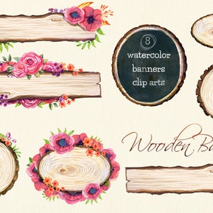 Wooden Banners watercolor clipart image 2