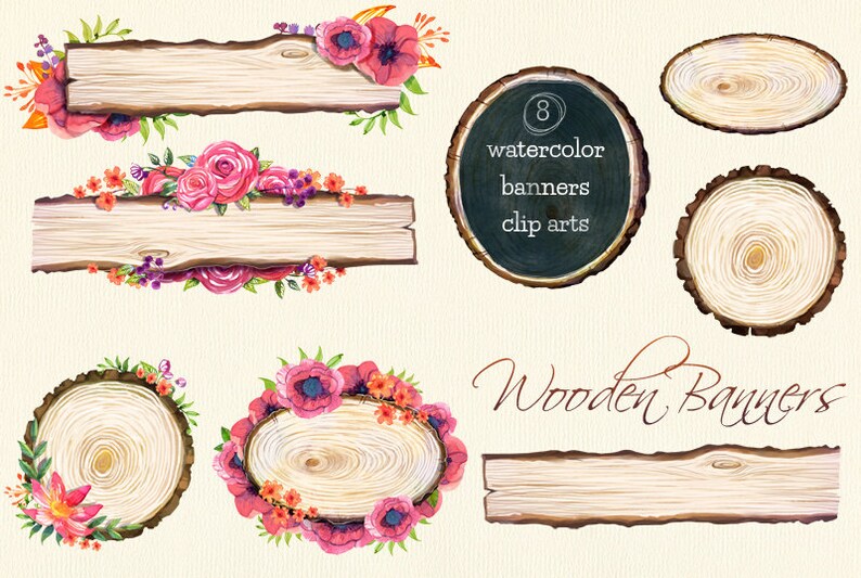 Wooden Banners watercolor clipart image 2