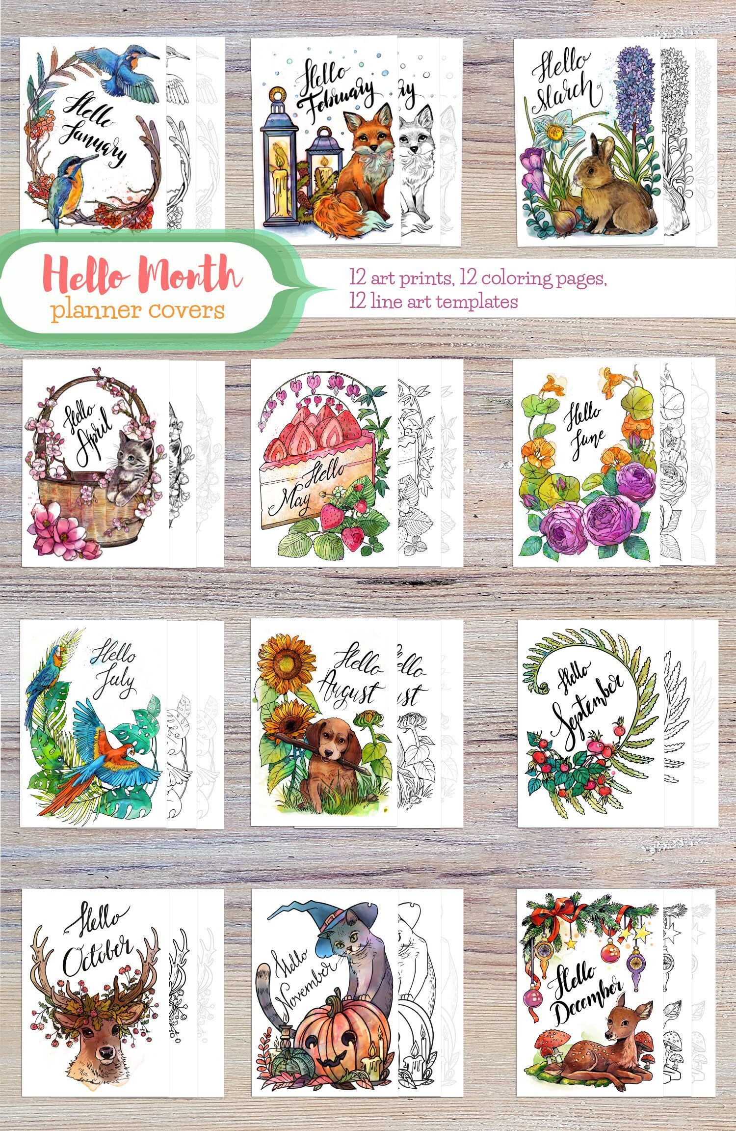 Printable Planner Covers for All Months, Printable Monthly Coloring Pages, Bullet Journal ...