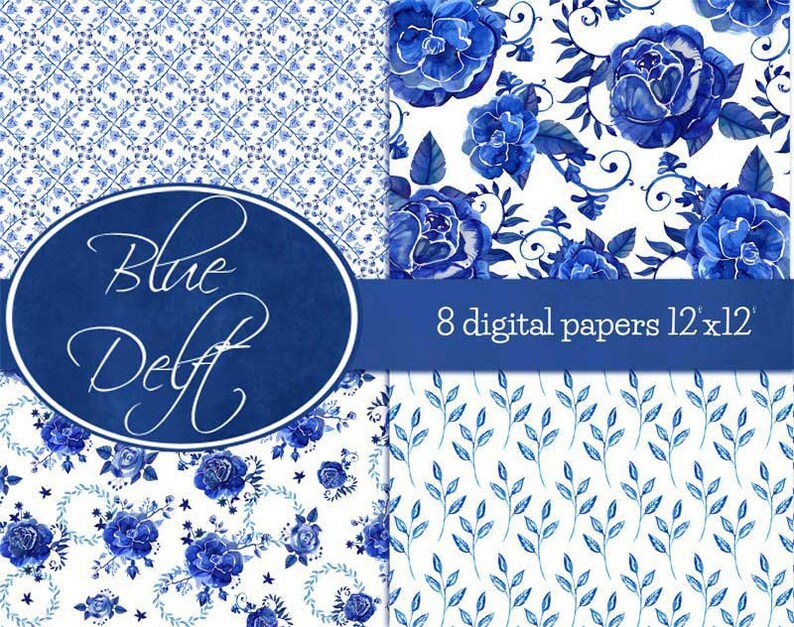 Blue Delft digital scrapbooking papers with blue watercolor flower patterns image 2