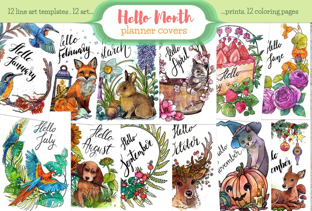 Printable Planner Covers for All Months, Printable Monthly Coloring Pages, Bullet Journal ...