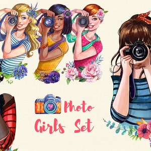 Photographer woman watercolor clipart , girl with camera clipart, photographer logo image 1