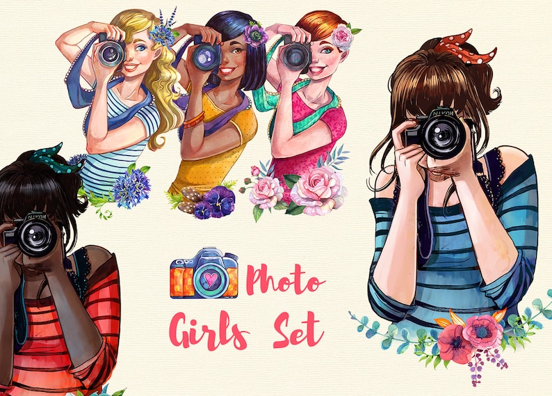 Photographer woman watercolor clipart , girl with camera clipart, photographer logo image 1