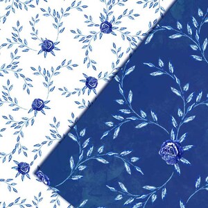 Blue Delft digital scrapbooking papers with blue watercolor flower patterns image 4