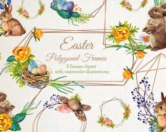 Easter Polygonal Frame Clipart with watercolor hand-painted bunnies and Easter Eggs