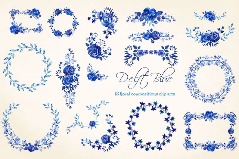 Delft Blue watercolor Floral Clipart, Delft flowers hand-painted wreaths, frames and corners, blue floral watercolor png clip art, image 2