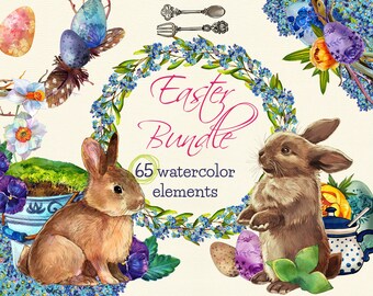 Watercolor Easter Bunny and Spring Florals Clipart Bundle, Ester Eggs and Easter decoration clipart set