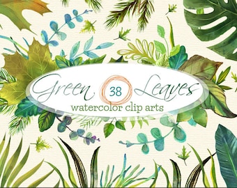 Green leaves watercolor clip art - set of 38 handpainted leaves illustrations, green foliage, foliage clipart, wedding greenery clip art