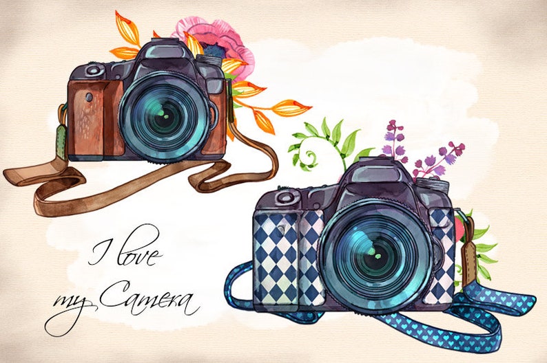 Colorful watercolor boho camera with straps png clipart set, watercolour photo camera illustrations, photographer clipart, image 7