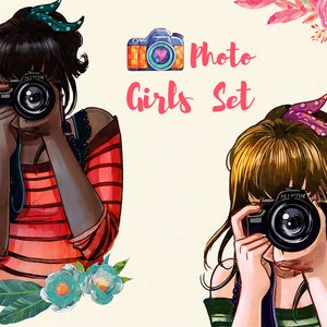 Photographer woman watercolor clipart , girl with camera clipart, photographer logo image 5