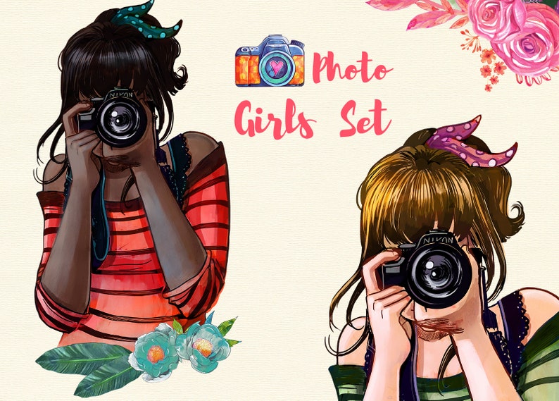 Photographer woman watercolor clipart , girl with camera clipart, photographer logo image 5
