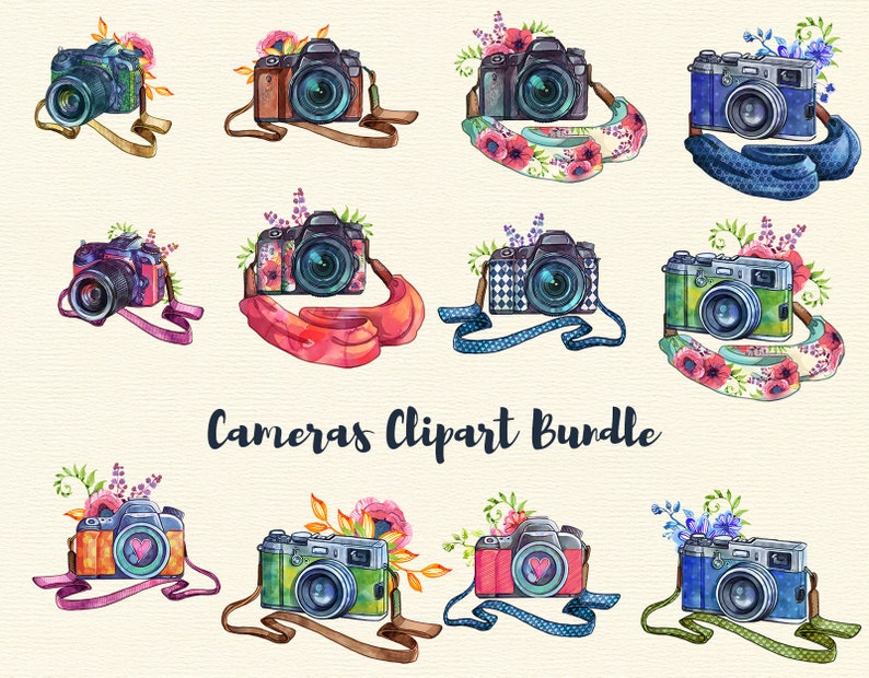 Colorful watercolor boho camera with straps png clipart set, watercolour photo camera illustrations, photographer clipart, image 1