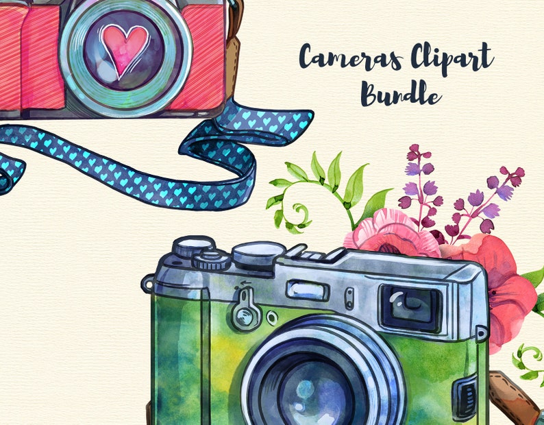 Colorful watercolor boho camera with straps png clipart set, watercolour photo camera illustrations, photographer clipart, image 6