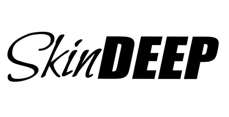 May include: Black and white logo with the text "SkinDEEP" in a bold, sans-serif font. The word "Skin" is in a cursive font.