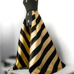 Black & Gold Striped Taffeta Overskirt: Detachable Ball Gown Bridal Train