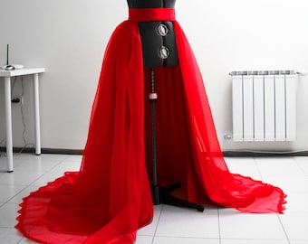 Red Organza Wedding Overskirt: Detachable Lace Bridal Train
