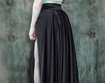 Black satin skirt with a high slit Long ball prom skirt Flowing design Circle full maxi Floor length Bridal Bridesmaid's Cocktail Formal