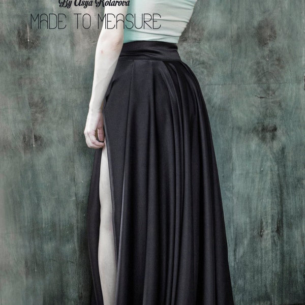 Black satin skirt with a high slit Long ball prom skirt Flowing design Circle full maxi Floor length Bridal Bridesmaid's Cocktail Formal