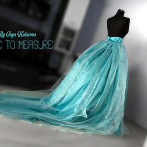 Teal Organza Wedding Skirt: Cathedral Train, Lace Trim