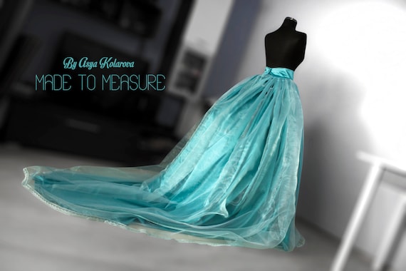 Teal Organza Wedding Skirt: Cathedral Train, Lace Trim