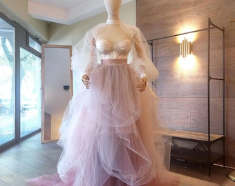 Ombre Tulle Bridal Separates: Corset with Gold Lace, Puffy Sleeves