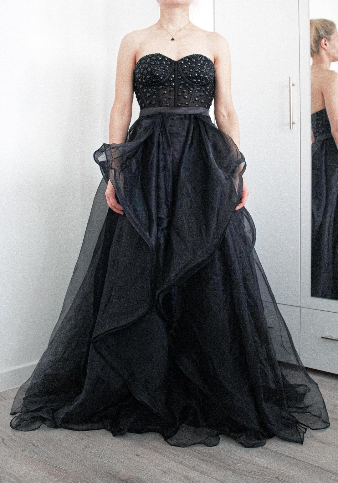 Black Printed Ball Gown Formal Dress with Tied Straps main image 0