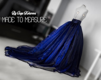 Navy Organza Ball Gown Skirt: Cathedral Train Wedding Dress