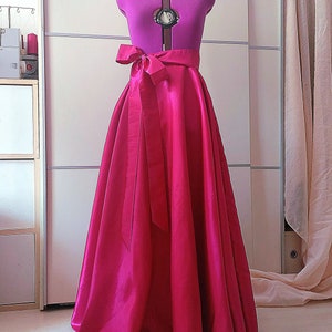 Elegant Fuchsia Magenta Floor-Length Taffeta Skirt with Pockets and Bow Detail Formal Skirt