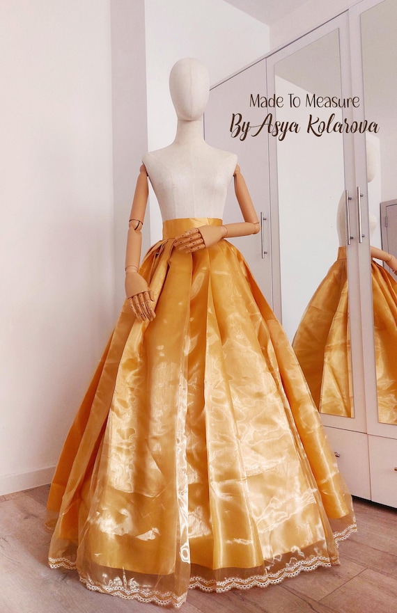 Golden Organza Ball Skirt: Custom Pleated Formal Gown