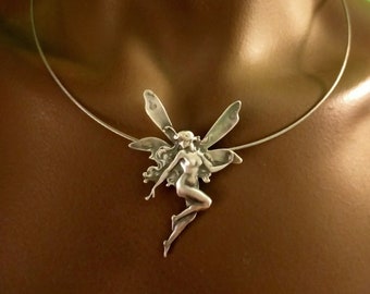 Tinker Bell Art Nouveau, Handmade jewelry, Vintage style nymph, Solid silver brooch and pendant, Firefly fairy, Vintage elf.