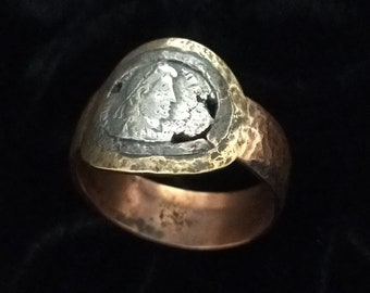 Unknown Roman Emperor ring, custom forged alliance with coin from the late Roman Empire reproduced in solid 925 sterling silver