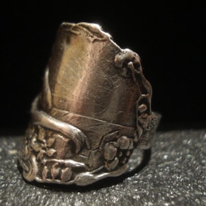 May include: A silver-toned ring with an ornate design. The ring features a textured surface and is adorned with floral and vine-like details. The ring's design is vintage and has a unique, artistic appeal.