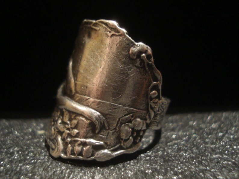 May include: A silver-toned ring with an ornate design. The ring features a textured surface and is adorned with floral and vine-like details. The ring's design is vintage and has a unique, artistic appeal.