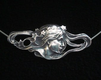 Collar francés estilo Art Nouveau, en plata maciza de Ley 925, Joyería hecha a mano, Diseño vintage 1900, Diosa constelación de 6 estrellas