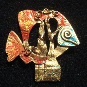Enameled bronze fish brooch, Gift for a loving mother, Handmade jewelry, Gift for the love of art, Art in recycled metal, Goldfish