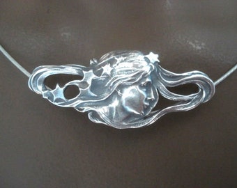 Collar francés estilo Art Nouveau, en plata maciza de Ley 925, Joyería hecha a mano, Diseño vintage 1900, Diosa constelación de 6 estrellas
