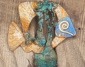 Enameled goldfish on brass, Tropical fish gift, Goldfish pendant and brooch, Polychrome fish gift, Ocean amulet