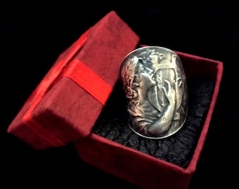 Obrączka ślubna King of Kings, harfista King David, pierścień z aniołem grającym na harfie, pierścień w stylu secesyjnym wykonany na zamówienie z litego srebra próby 925
