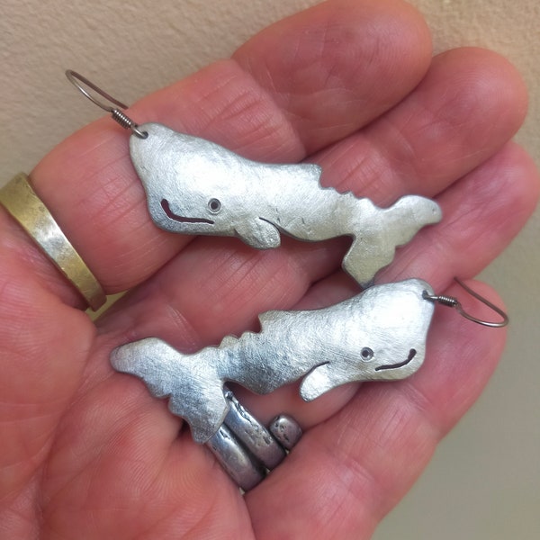 White Sperm Whale Earrings, Recovered Aluminum Whales from the Sea, Handmade Artisan Jewelry, Moby DicK Earrings, Ocean Totem