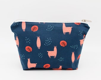 Cotton zippered pouch, Forest Llamas print with blue background - two sizes available