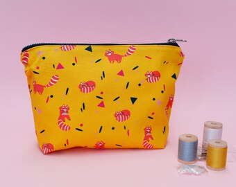 Cotton zippered pouch, Twist and Panda print with yellow background - two sizes available