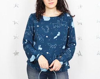 LAST 2 PIECES - Erika Blouse -  blue blouse with constellations and boat neckline, Starry Animals print