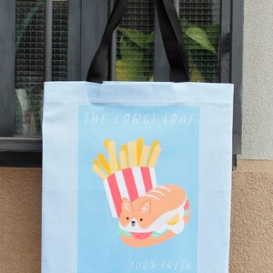 Printed cotton canvas tote bag Corgi Loaf, a tasty sandwich in the shape of a corgi image 2