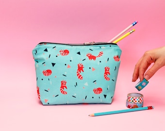 Cotton zippered pouch, Twist and Panda print with turquoise background - two sizes available