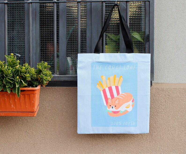 Printed cotton canvas tote bag Corgi Loaf, a tasty sandwich in the shape of a corgi image 1