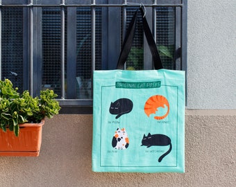 Printed cotton canvas tote bag - Original Cat Poses, illustrated cats in their favorite poses