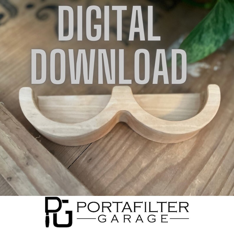 May include: Digital download of a woodworking plan for a wooden portafilter holder. The holder is made of light brown wood and has two curved slots for holding portafilters.