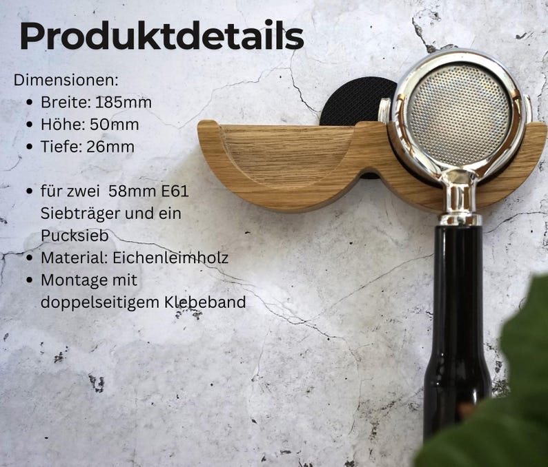 May include: A wooden espresso machine portafilter holder with a stainless steel portafilter. The holder is made of light-colored wood and is designed to hold two 58mm E61 portafilters and a puck screen. The dimensions are 185mm wide, 50mm high, and 26mm deep.